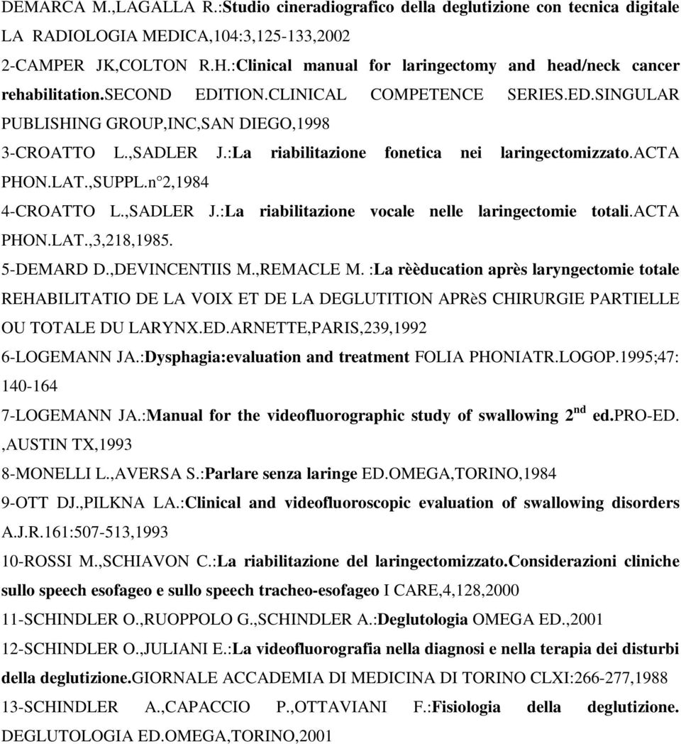 :La riabilitazione fonetica nei laringectomizzato.acta PHON.LAT.,SUPPL.n 2,1984 4-CROATTO L.,SADLER J.:La riabilitazione vocale nelle laringectomie totali.acta PHON.LAT.,3,218,1985. 5-DEMARD D.