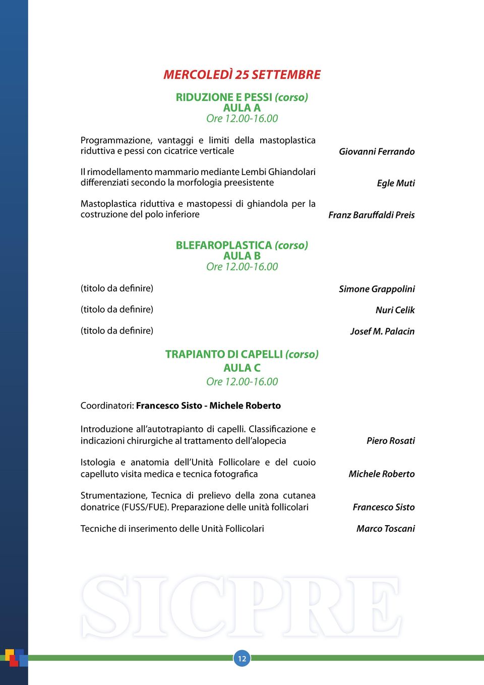 preesistente Mastoplastica riduttiva e mastopessi di ghiandola per la costruzione del polo inferiore Giovanni Ferrando Egle Muti Franz Baruffaldi Preis BLEFAROPLASTICA (corso) AULA B Ore 12.00-16.