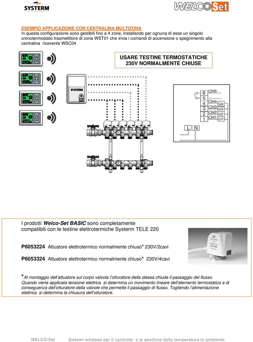 USARE TESTINE TERMOSTATICHE 230V NORMALMENTE CHIUSE I prodotti Welco-Set BASIC sono completamente compatibili con le testine elettrotermiche Systerm TELE 220 P6053224 Attuatore elettrotermico