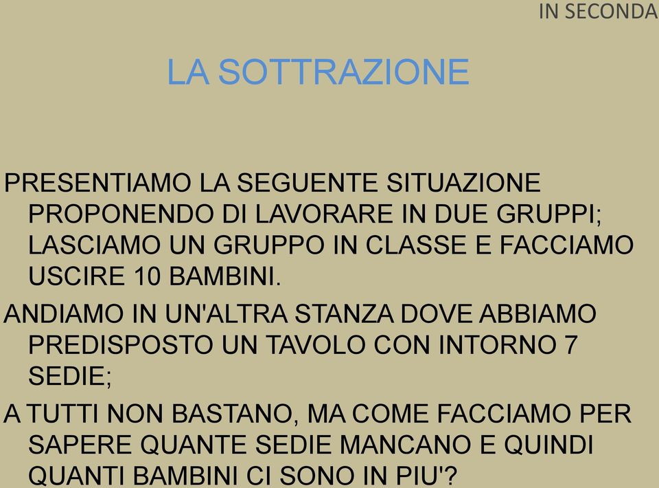 ANDIAMO IN UN'ALTRA STANZA DOVE ABBIAMO PREDISPOSTO UN TAVOLO CON INTORNO 7 SEDIE; A