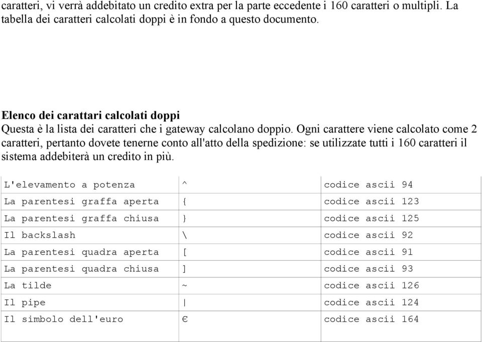 Ogni carattere viene calcolato come 2 caratteri, pertanto dovete tenerne conto all'atto della spedizione: se utilizzate tutti i 160 caratteri il sistema addebiterà un credito in più.