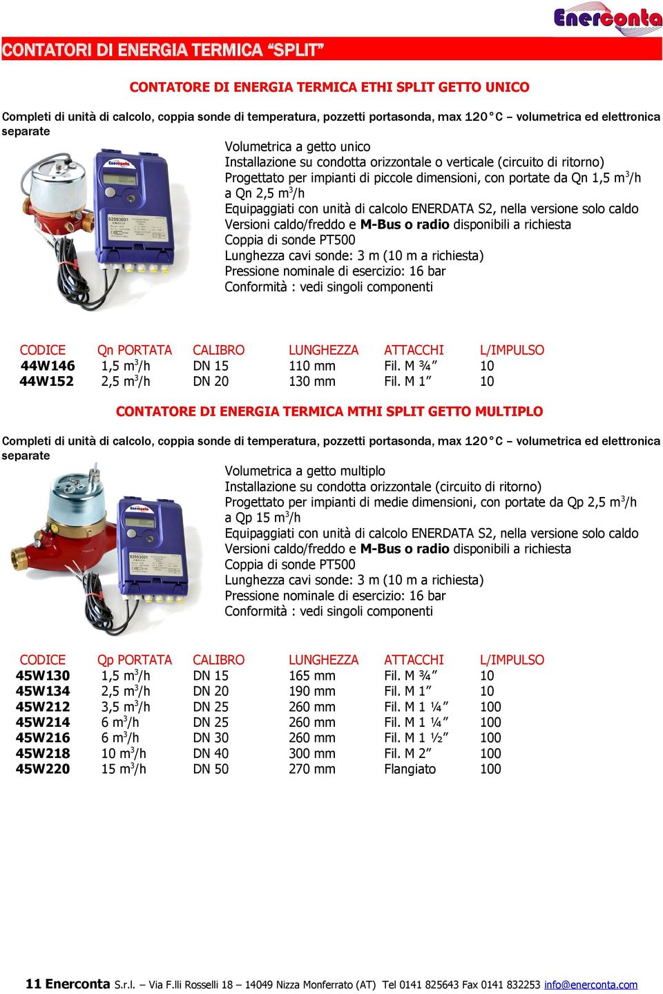 Equipaggiati con unità di calcolo ENERDATA S2, nella versione solo caldo Versioni caldo/freddo e -Bus o radio disponibili a richiesta Coppia di sonde PT500 Lunghezza cavi sonde: 3 m ( m a richiesta)