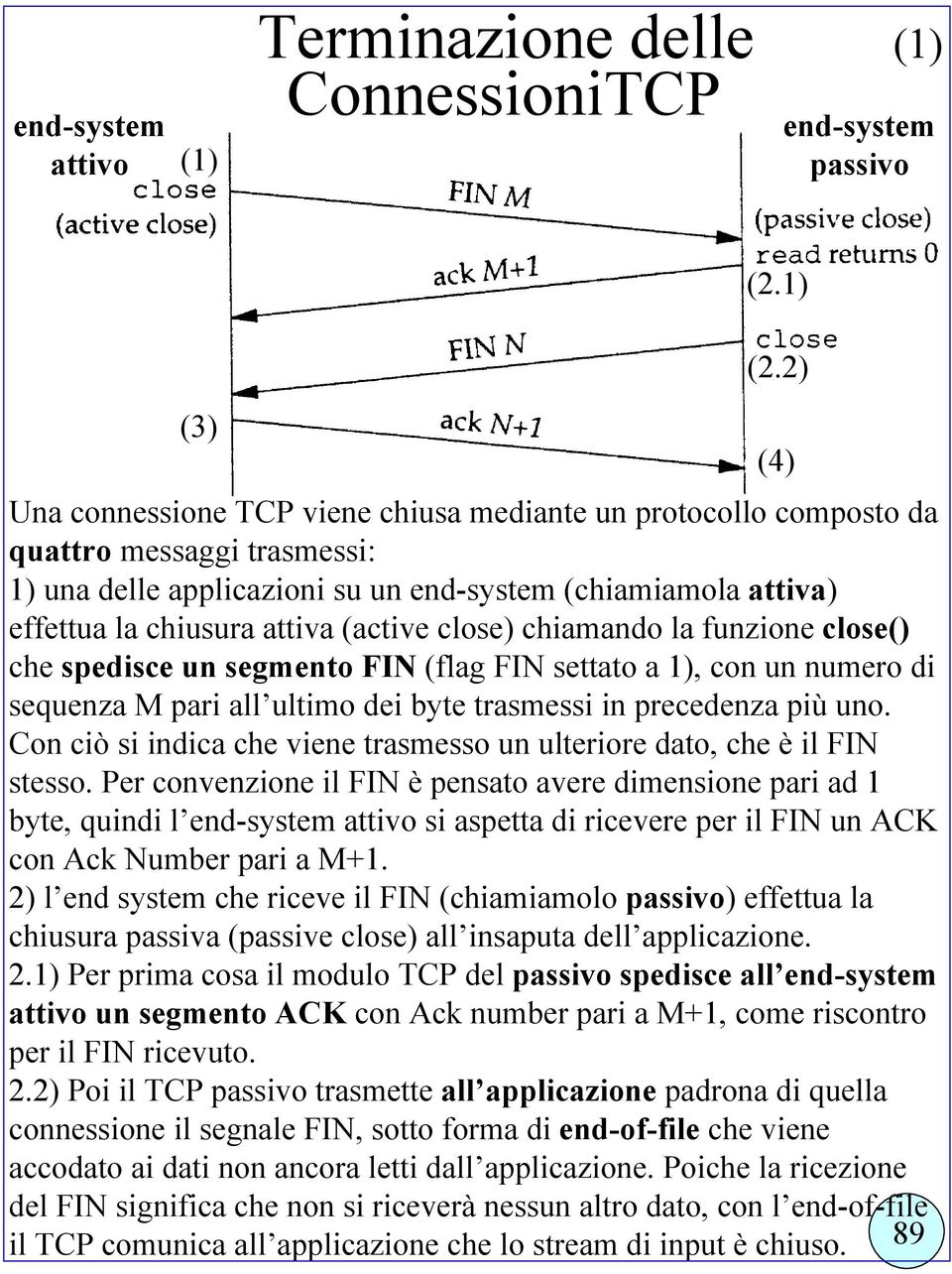 (active close) chiamando la funzione close() che spedisce un segmento FIN (flag FIN settato a 1), con un numero di sequenza M pari all ultimo dei byte trasmessi in precedenza più uno.