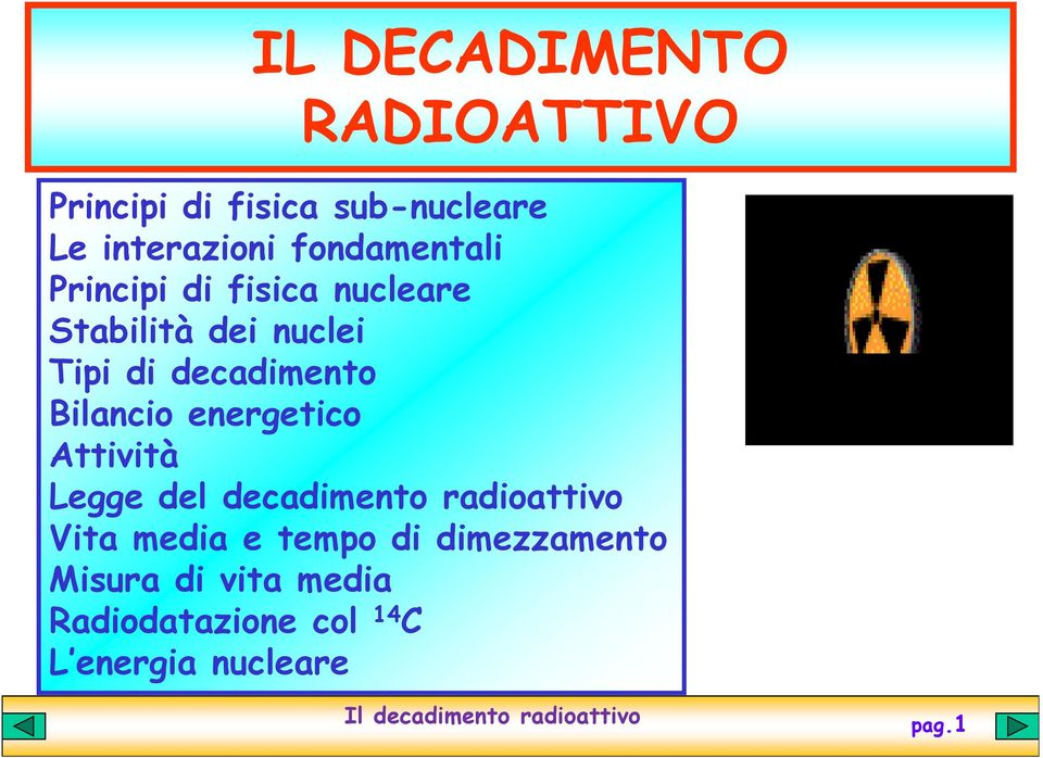 decadimento Bilancio energetico Attività Legge del decadimento radioattivo Vita