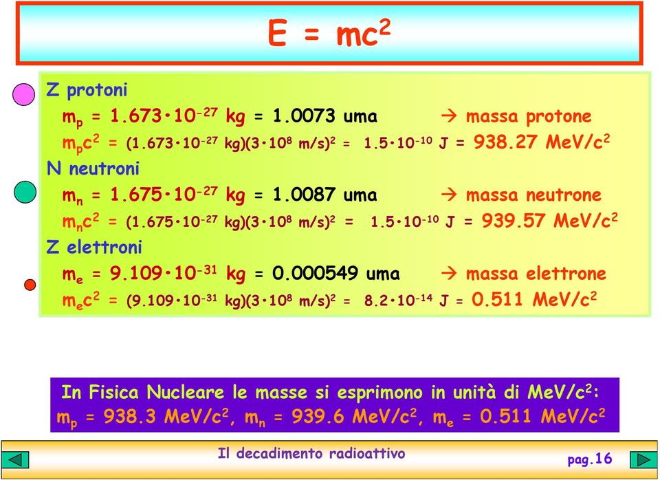 57 MeV/c 2 Z elettroni m e = 9.109 10-31 kg = 0.000549 uma massa elettrone m e c 2 = (9.109 10-31 kg)(3 10 8 m/s) 2 = 8.2 10-14 J = 0.