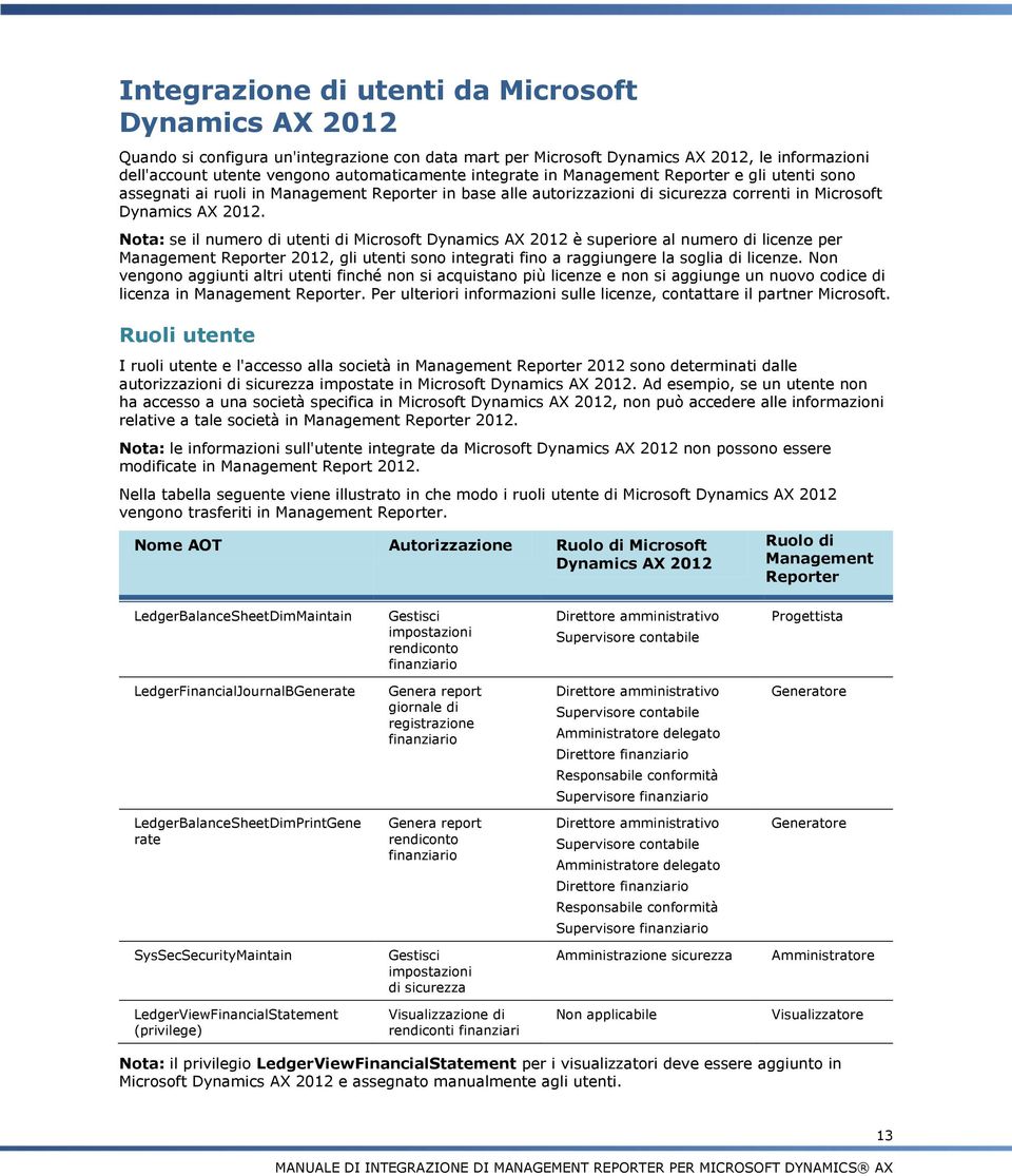 Nota: se il numero di utenti di Microsoft Dynamics AX 2012 è superiore al numero di licenze per Management Reporter 2012, gli utenti sono integrati fino a raggiungere la soglia di licenze.