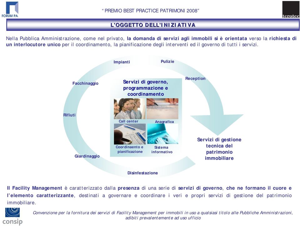 Impianti Pulizie Facchinaggio Servizi di governo, programmazione e coordinamento Reception Rifiuti Call center Anagrafica Giardinaggio Coordinaento e pianificazione Sistema informativo