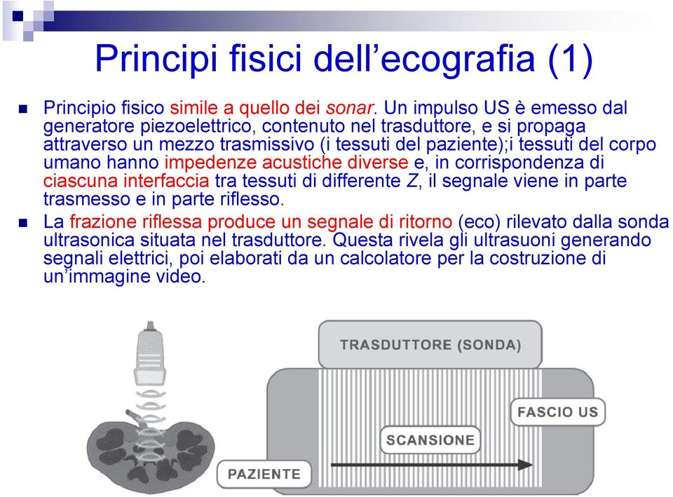 corpo umano hanno impedenze acustiche diverse e, in corrispondenza di ciascuna interfaccia tra tessuti di differente Z, il segnale viene in parte trasmesso e in parte