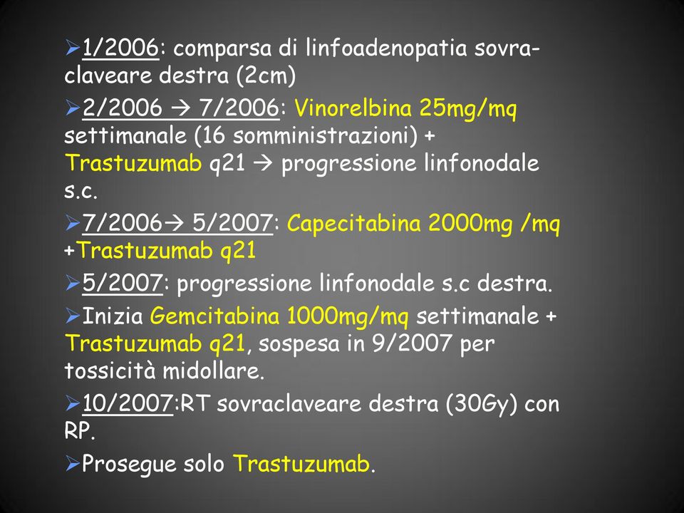 7/2006 5/2007: Capecitabina 2000mg /mq +Trastuzumab q21 5/2007: progressione linfonodale s.c destra.