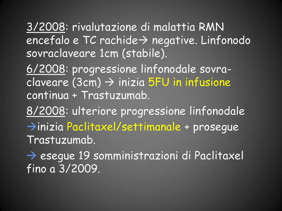 6/2008: progressione linfonodale sovraclaveare (3cm) inizia 5FU in infusione continua +