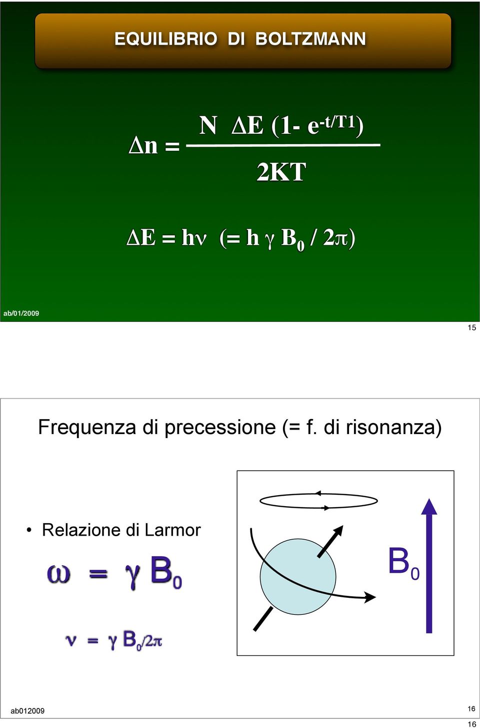 E = h% (= h " B 0 / 2$) 15 Frequenza di