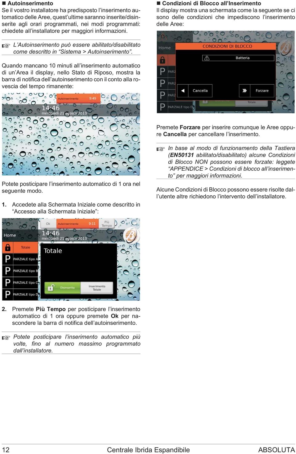 Condizioni di Blocco all Inserimento Il display mostra una schermata come la seguente se ci sono delle condizioni che impediscono l inserimento delle Aree: Quando mancano 10 minuti all inserimento