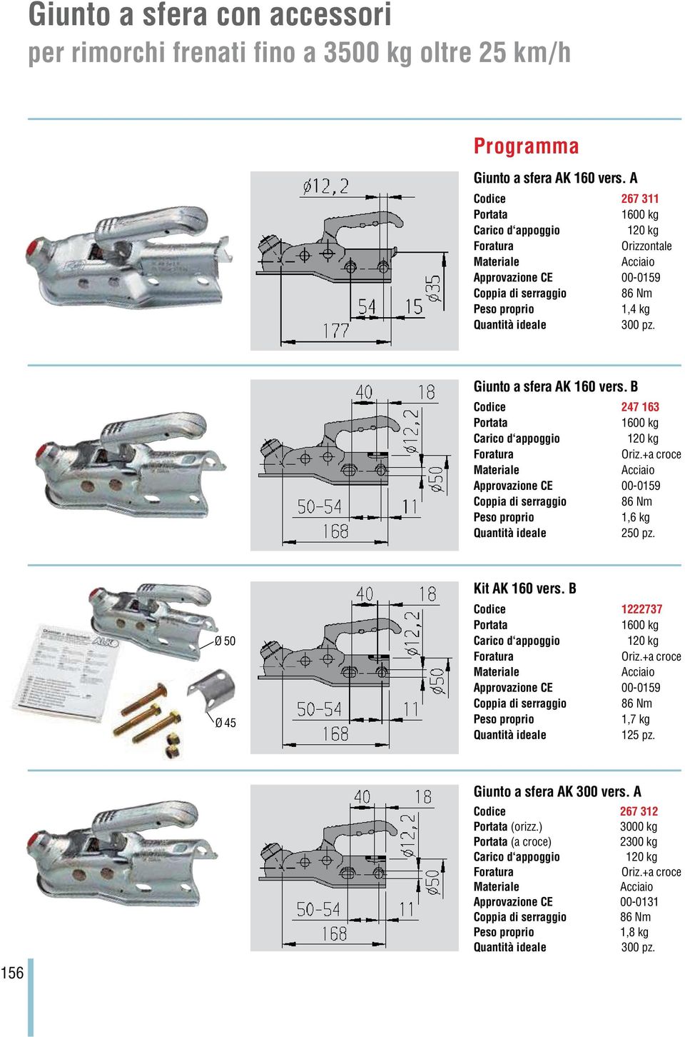 Giunto a sfera AK 160 vers. B Codice 247 163 Portata 1600 kg Carico d appoggio 120 kg Foratura Oriz.