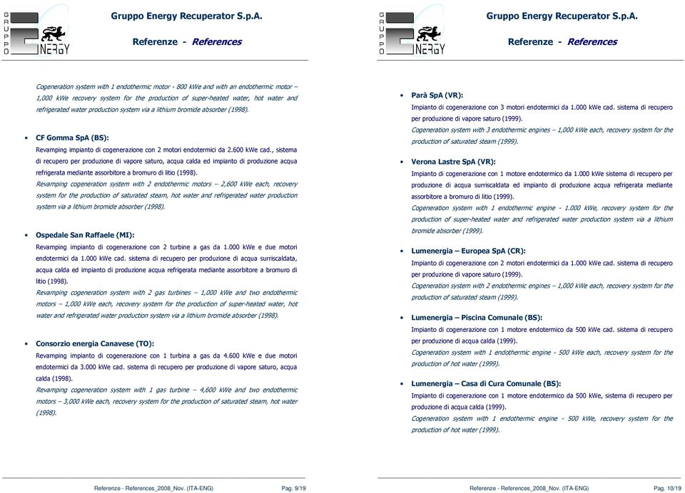 , sistema di recupero per produzione di vapore saturo, acqua calda ed impianto di produzione acqua refrigerata mediante assorbitore a bromuro di litio (1998).