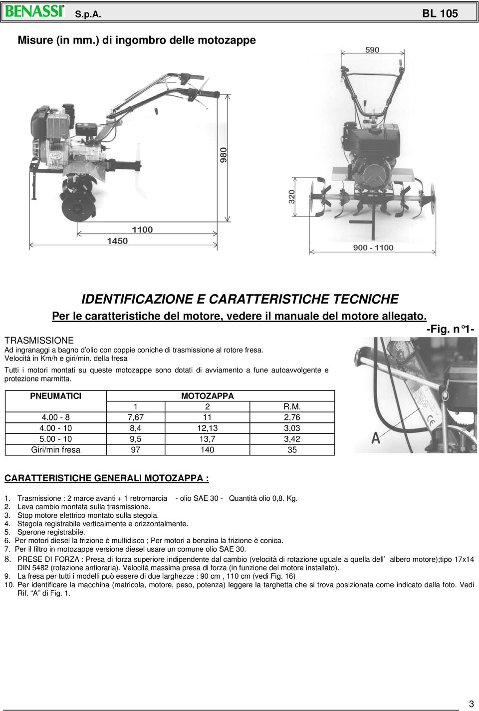 della fresa Tutti i motori montati su queste motozappe sono dotati di avviamento a fune autoavvolgente e protezione marmitta. PNEUMATICI MOTOZAPPA 1 2 R.M. 4.00-8 7,67 11 2,76 4.