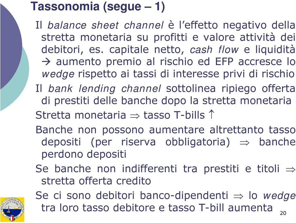 ripiego offerta di prestiti delle banche dopo la stretta monetaria Stretta monetaria tasso T-bills Banche non possono aumentare altrettanto tasso depositi (per riserva