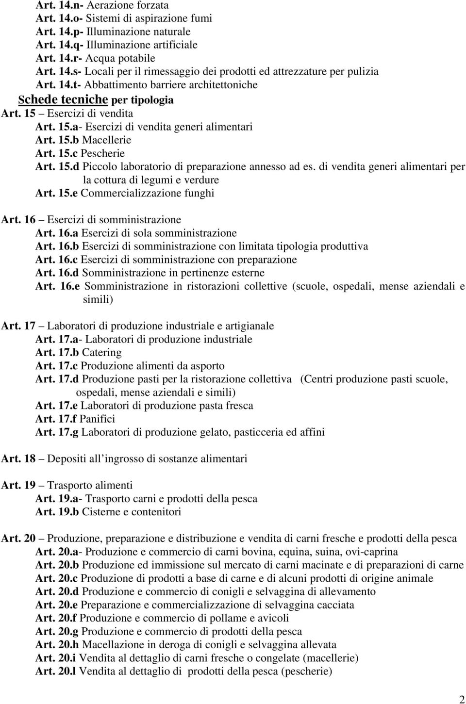 di vendita generi alimentari per la cottura di legumi e verdure Art. 15.e Commercializzazione funghi Art. 16 Esercizi di somministrazione Art. 16.a Esercizi di sola somministrazione Art. 16.b Esercizi di somministrazione con limitata tipologia produttiva Art.