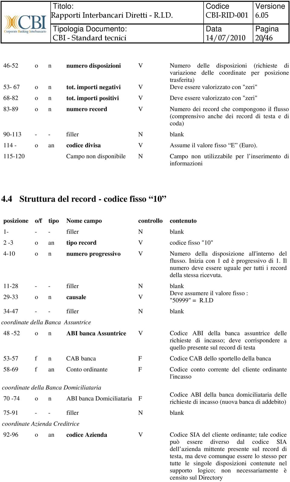 importi positivi V Deve essere valorizzato con "zeri" 83-89 o n numero record V Numero dei record che compongono il flusso (comprensivo anche dei record di testa e di coda) 90-113 - - filler N blank