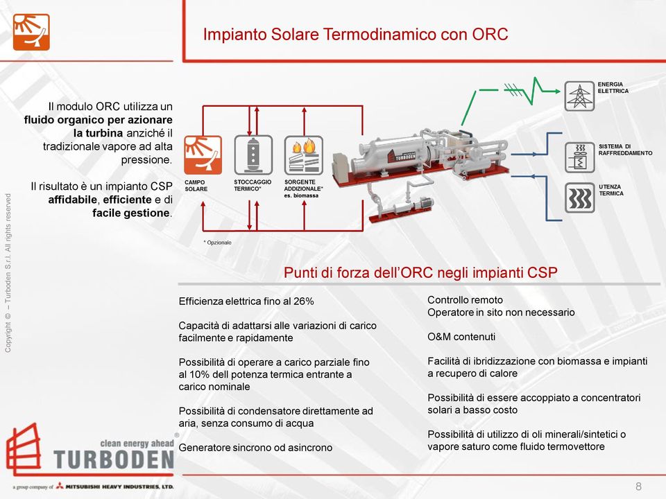 Punti di forza dell ORC negli impianti CSP Efficienza elettrica fino al 26% Capacità di adattarsi alle variazioni di carico facilmente e rapidamente Possibilità di operare a carico parziale fino al