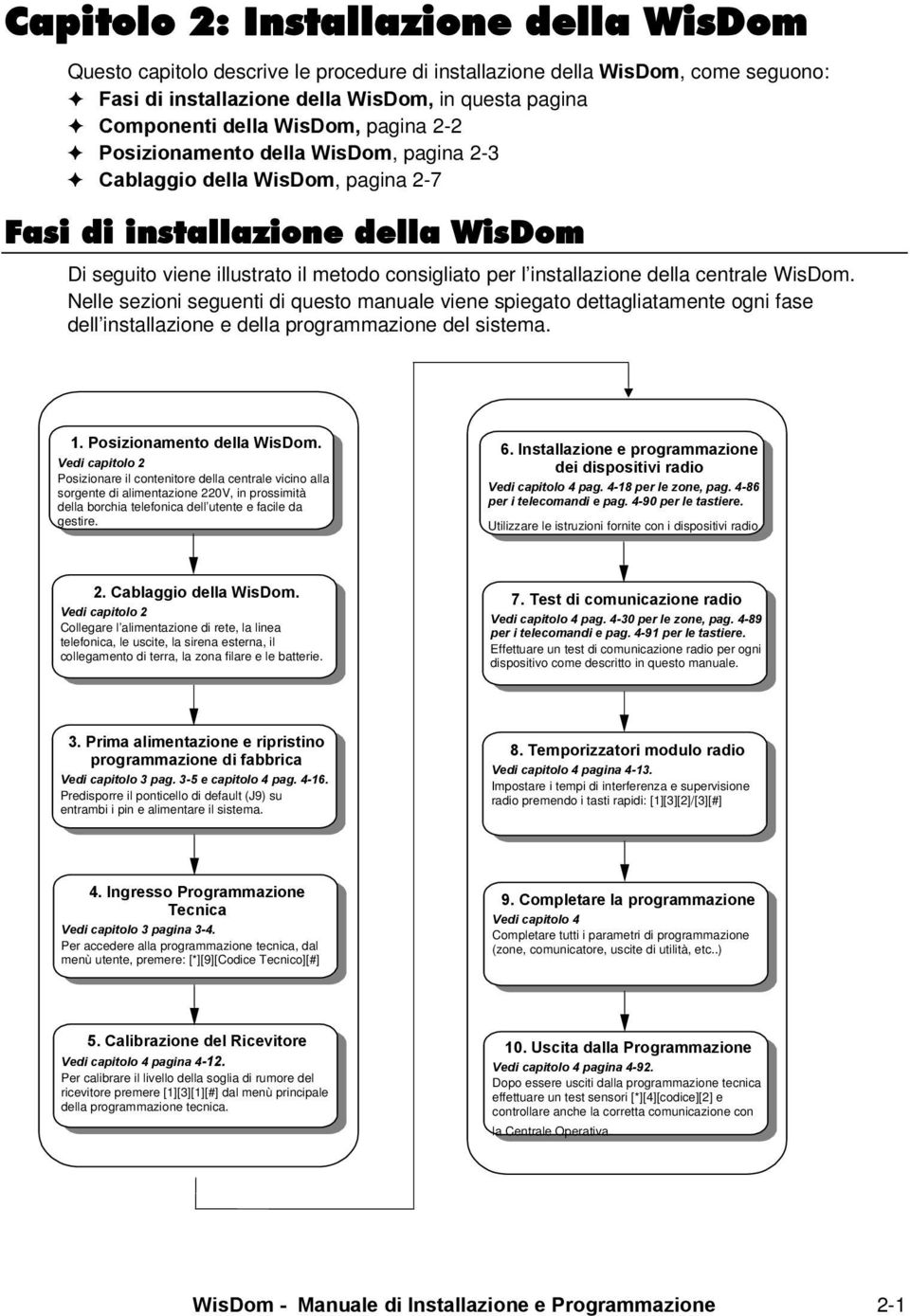 centrale WisDom. Nelle sezioni seguenti di questo manuale viene spiegato dettagliatamente ogni fase dell installazione e della programmazione del sistema. 1. Posizionamento della WisDom.