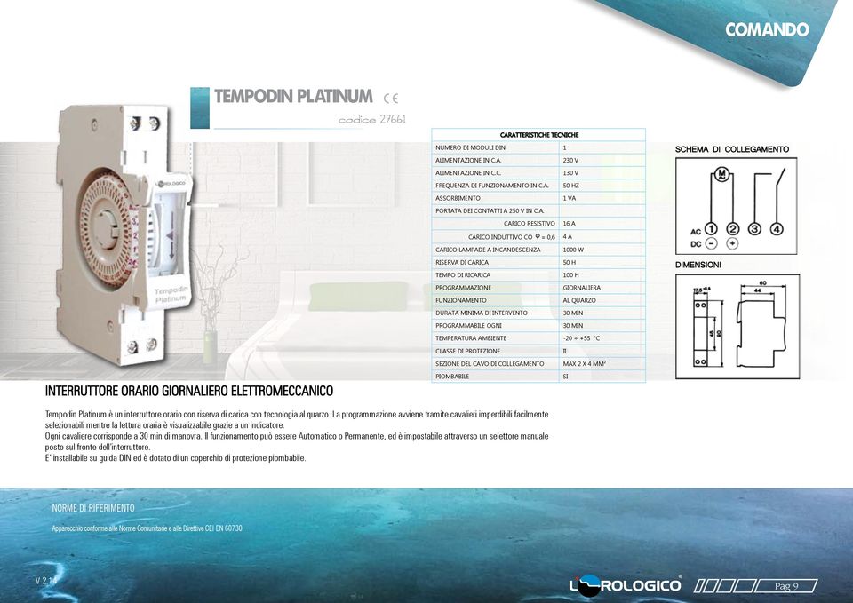 1000 W 50 H 100 H GIORNALIERA AL QUARZO 30 MIN 30 MIN DIMENONI TEMPERATURA AMBIENTE -20 +55 C INTERRUTTORE ORARIO GIORNALIERO ELETTROMECCANICO CLASSE DI PROTEZIONE SEZIONE DEL CAVO DI COLLEGAMENTO