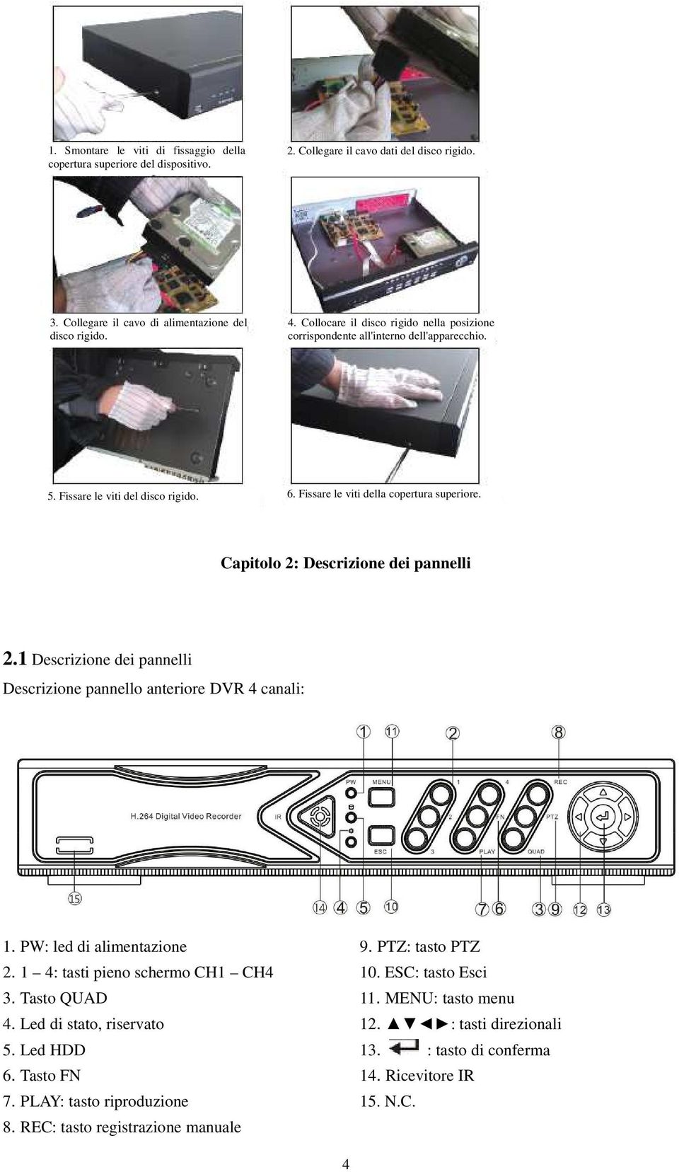 Capitolo 2: Descrizione dei pannelli 2.1 Descrizione dei pannelli Descrizione pannello anteriore DVR 4 canali: 1. PW: led di alimentazione 9. PTZ: tasto PTZ 2. 1 4: tasti pieno schermo CH1 CH4 10.