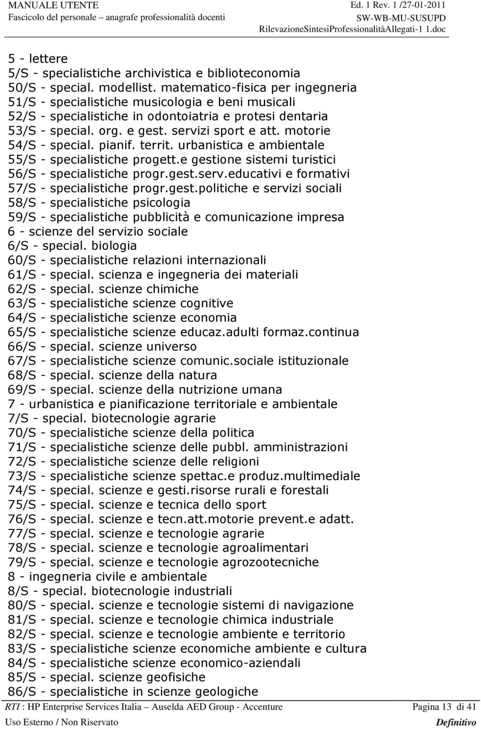 motorie 54/S - special. pianif. territ. urbanistica e ambientale 55/S - specialistiche progett.e gestione sistemi turistici 56/S - specialistiche progr.gest.serv.