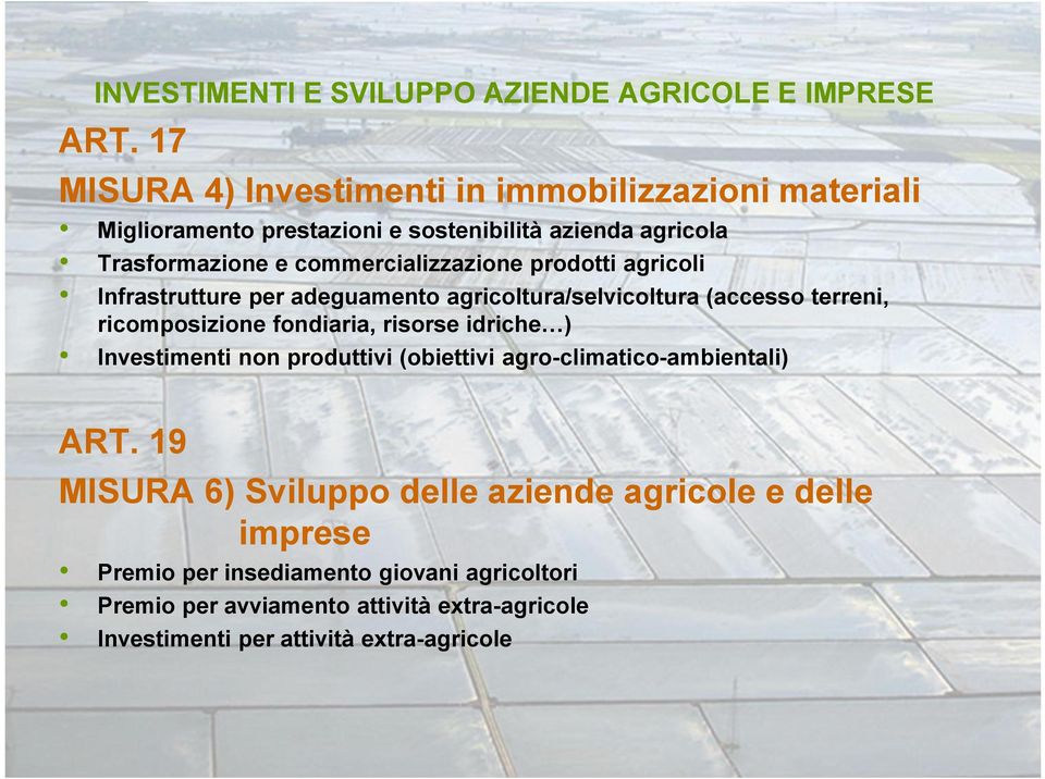 prodotti agricoli Infrastrutture per adeguamento agricoltura/selvicoltura (accesso terreni, ricomposizione fondiaria, risorse idriche ) Investimenti