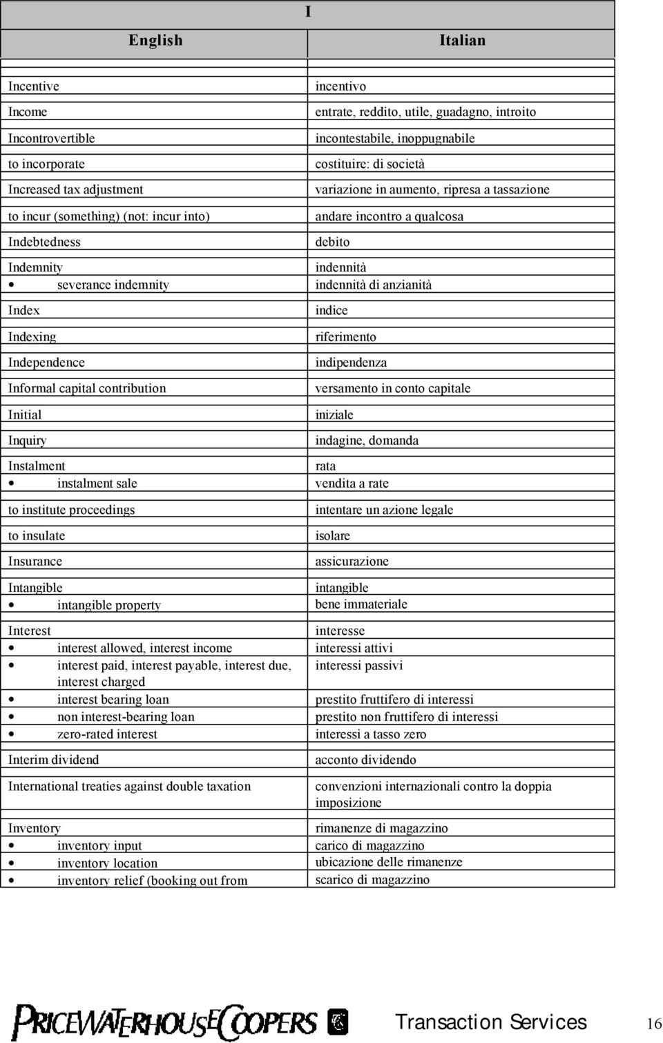 indice Indexing Independence Informal capital contribution riferimento indipendenza versamento in conto capitale Initial iniziale Inquiry indagine, domanda Instalment rata instalment sale vendita a