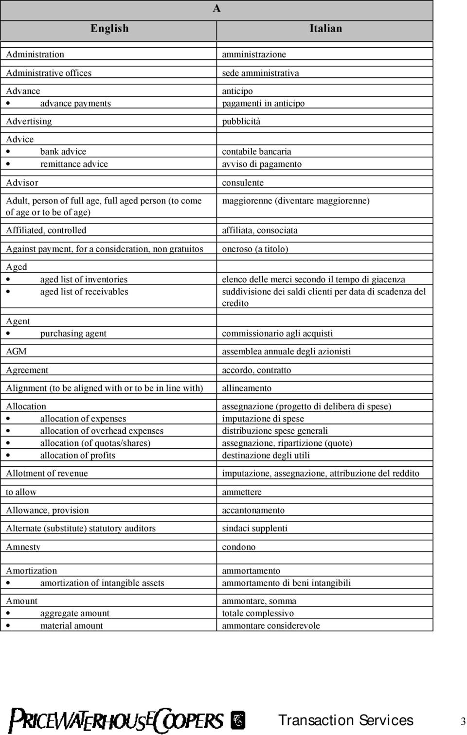 maggiorenne) affiliata, consociata Against payment, for a consideration, non gratuitos oneroso (a titolo) Aged aged list of inventories elenco delle merci secondo il tempo di giacenza aged list of