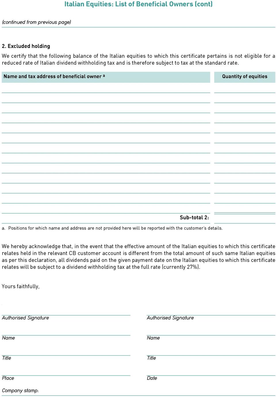 therefore subject to tax at the standard rate. Name and tax address of beneficial owner a Quantity of equities Sub-total 2: a.