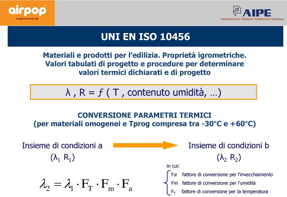 CONVERSIONE PARAMETRI TERMICI (per materiali omogenei e Tprog compresa tra -30 C e +60 C) Insieme di condizioni a (λ 1 R 1 ) in