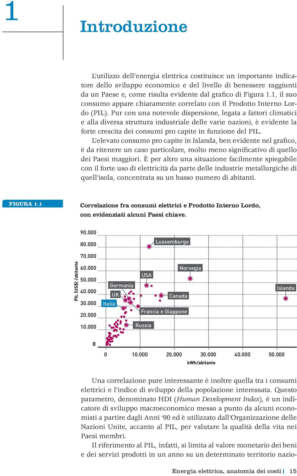 Pur con una notevole dispersione, legata a fattori climatici e alla diversa struttura industriale delle varie nazioni, è evidente la forte crescita dei consumi pro capite in funzione del PIL.