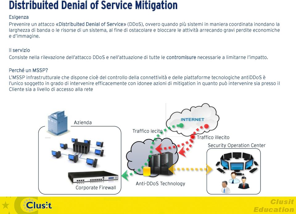 Il servizio Consiste nella rilevazione dell attacco DDoS e nell attuazione di tutte le contromisure necessarie a limitarne l impatto. Perché un MSSP?