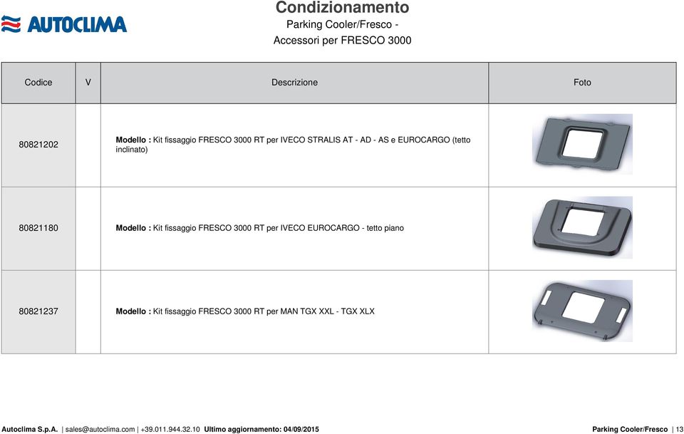 Modello : Kit fissaggio FRESCO 3000 RT per IECO EUROCARGO - tetto piano 80821237