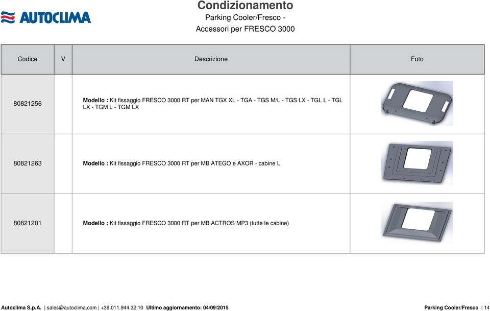 80821263 Modello : Kit fissaggio FRESCO 3000 RT per MB ATEGO e AXOR - cabine L 80821201