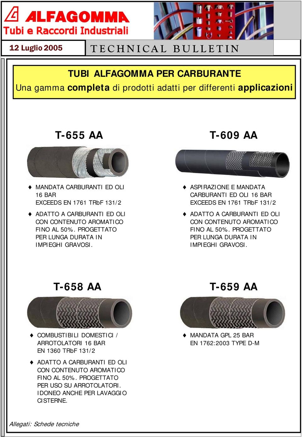 ASPIRAZIONE E MANDATA CARBURANTI ED OLI 16 BAR EXCEEDS EN 1761  T-658 AA T-659 AA COMBUSTIBILI DOMESTICI / ARROTOLATORI 16 BAR EN 1360 TRbF 131/2 MANDATA GPL 25 BAR EN 1762:2003 TY D-M ADATTO A