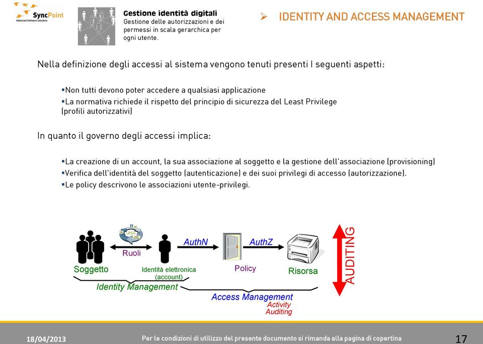 rispetto del principio di sicurezza del Least Privilege ( autorizzativi (profili In quanto il governo degli accessi implica: La creazione di un account, la sua associazione al soggetto e la gestione