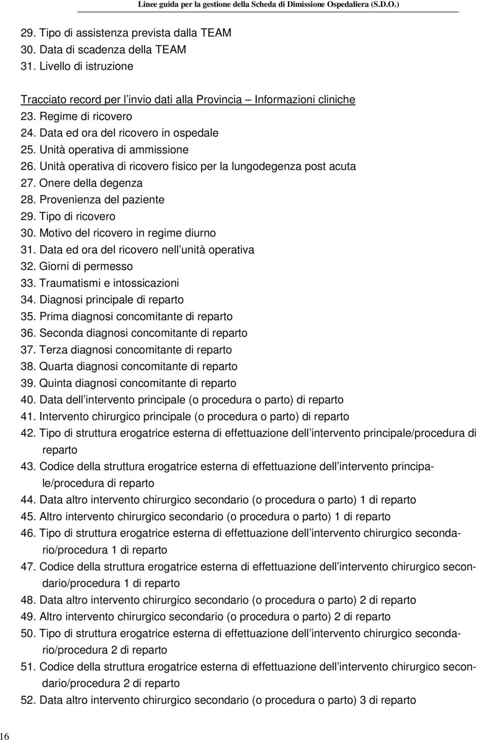 Tipo di ricovero 30. Motivo del ricovero in regime diurno 31. Data ed ora del ricovero nell unità operativa 32. Giorni di permesso 33. Traumatismi e intossicazioni 34.