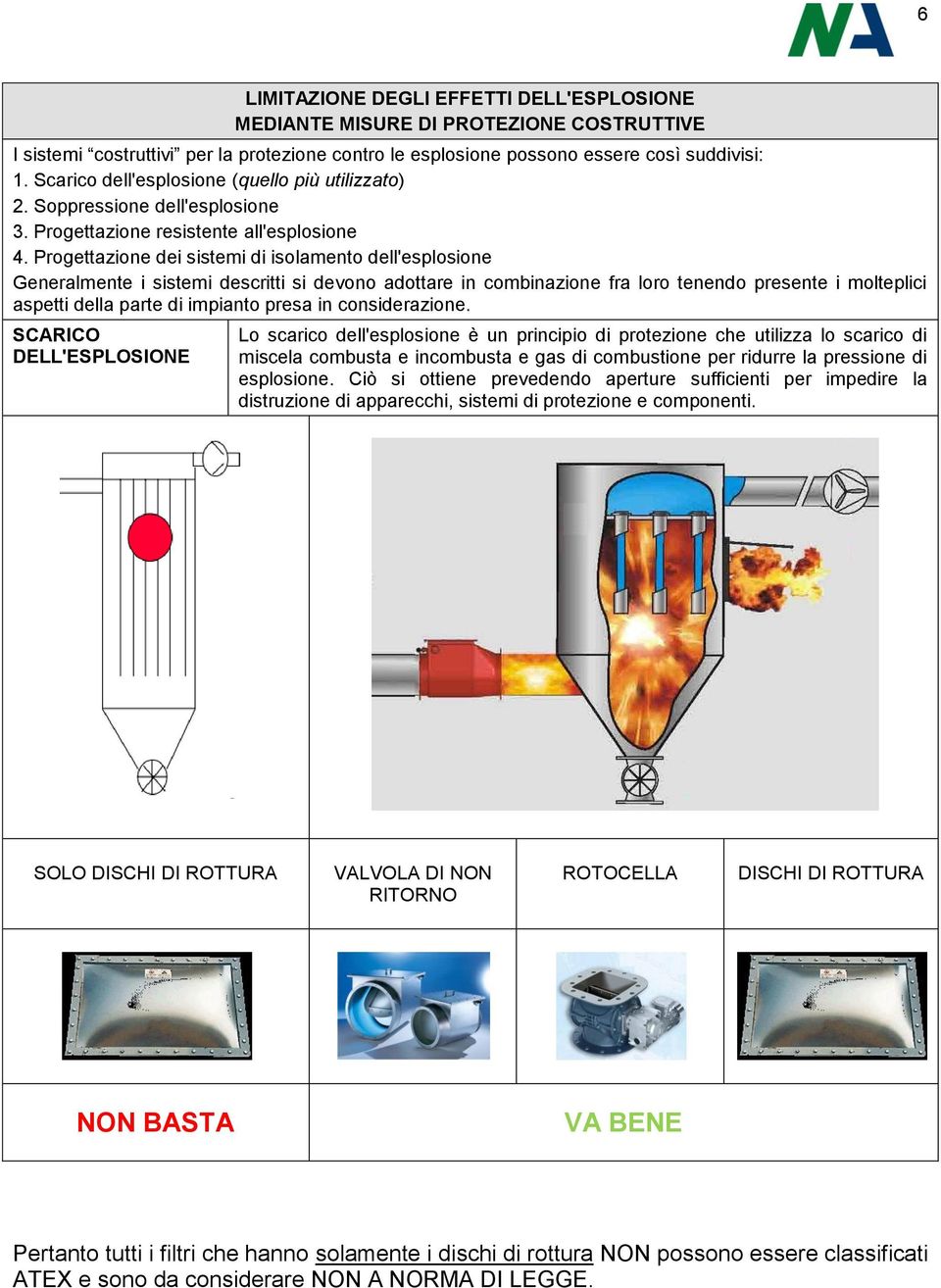 Progettazione dei sistemi di isolamento dell'esplosione Generalmente i sistemi descritti si devono adottare in combinazione fra loro tenendo presente i molteplici aspetti della parte di impianto