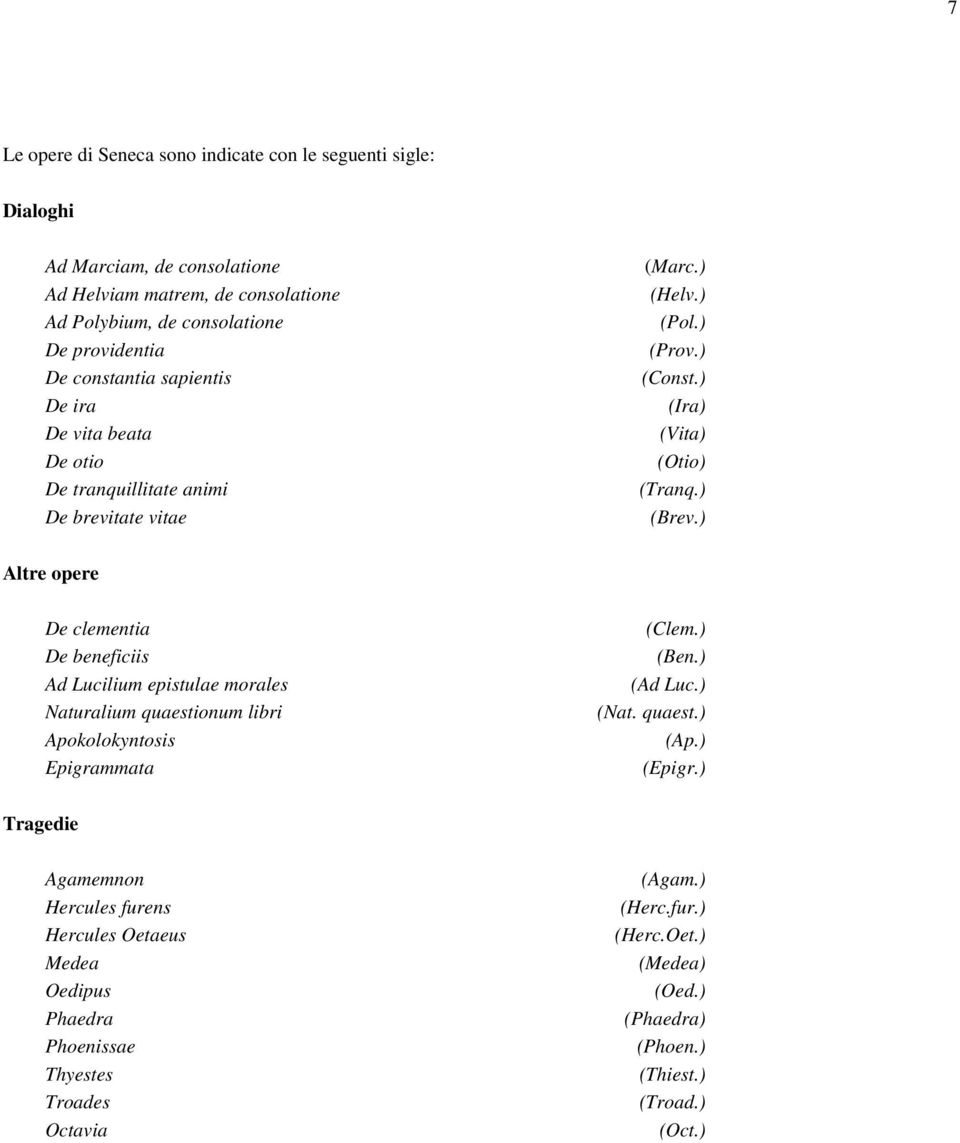 ) Altre opere De clementia De beneficiis Ad Lucilium epistulae morales Naturalium quaestionum libri Apokolokyntosis Epigrammata (Clem.) (Ben.) (Ad Luc.) (Nat. quaest.) (Ap.) (Epigr.