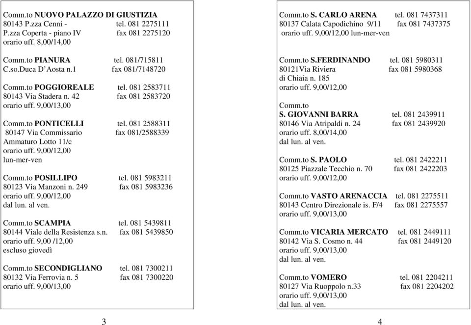 081 2588311 80147 Via Commissario fax 081/2588339 Ammaturo Lotto 11/c orario uff. 9,00/12,00 lun-mer-ven Comm.to POSILLIPO tel. 081 5983211 80123 Via Manzoni n. 249 fax 081 5983236 orario uff.