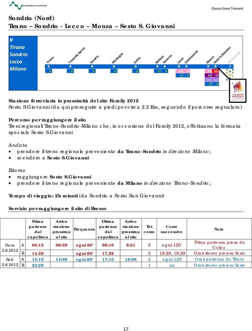 2 Km, seguendo il percorso segnalato) Treni regionali Tirano-Sondrio- che, in occasione del Family 2012, effettuano la fermata speciale Sesto S.