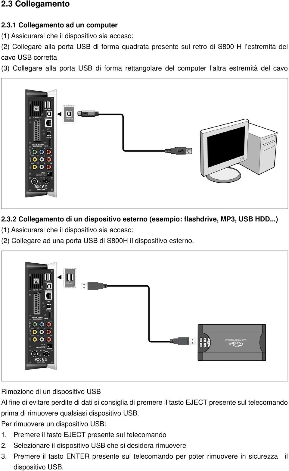 ..) (1) Assicurarsi che il dispositivo sia acceso; (2) Collegare ad una porta USB di S800H il dispositivo esterno.