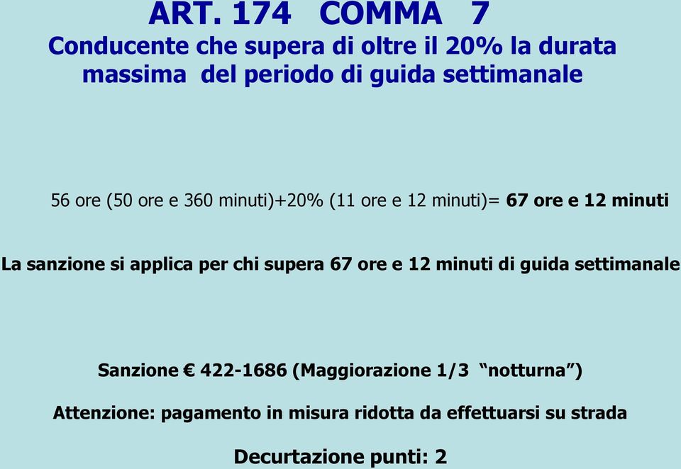 si applica per chi supera 67 ore e 12 minuti di guida settimanale Sanzione 422-1686