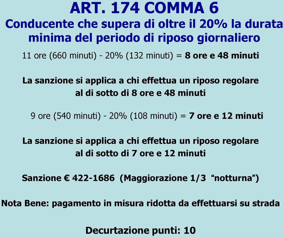 minuti) - 20% (108 minuti) = 7 ore e 12 minuti La sanzione si applica a chi effettua un riposo regolare al di sotto di 7 ore e 12