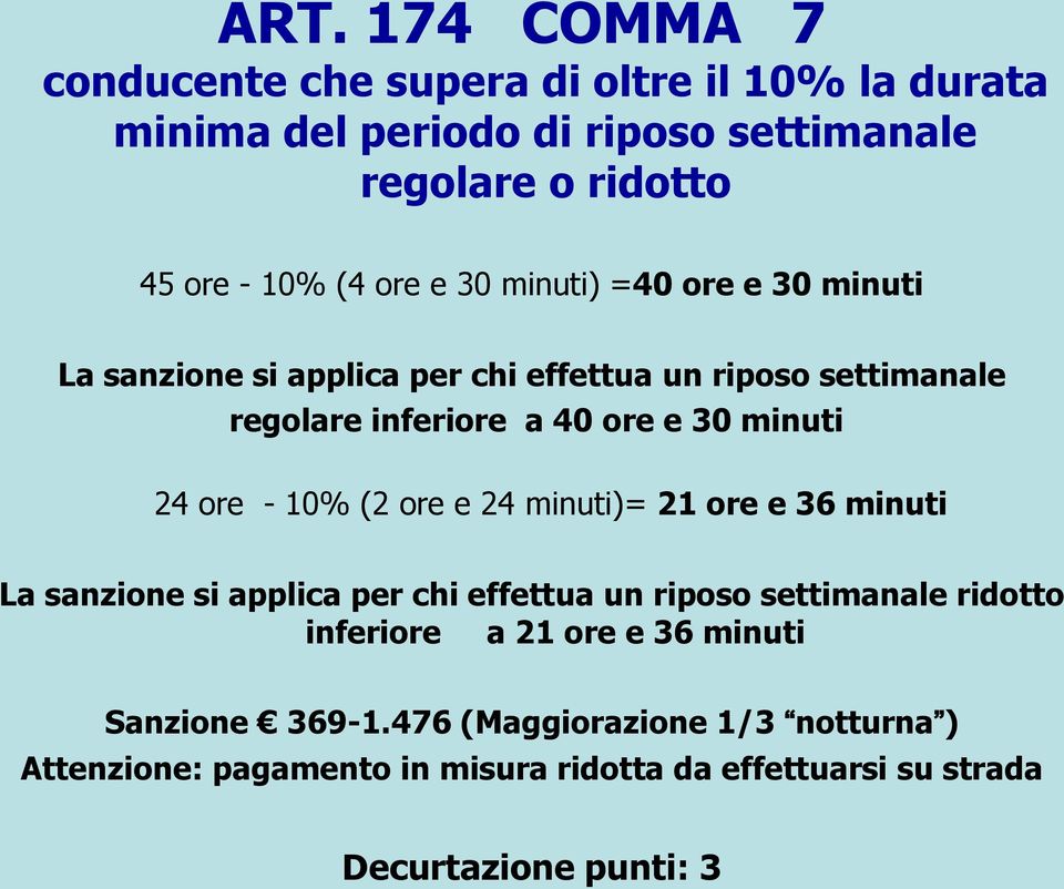 ore - 10% (2 ore e 24 minuti)= 21 ore e 36 minuti La sanzione si applica per chi effettua un riposo settimanale ridotto inferiore a 21 ore e