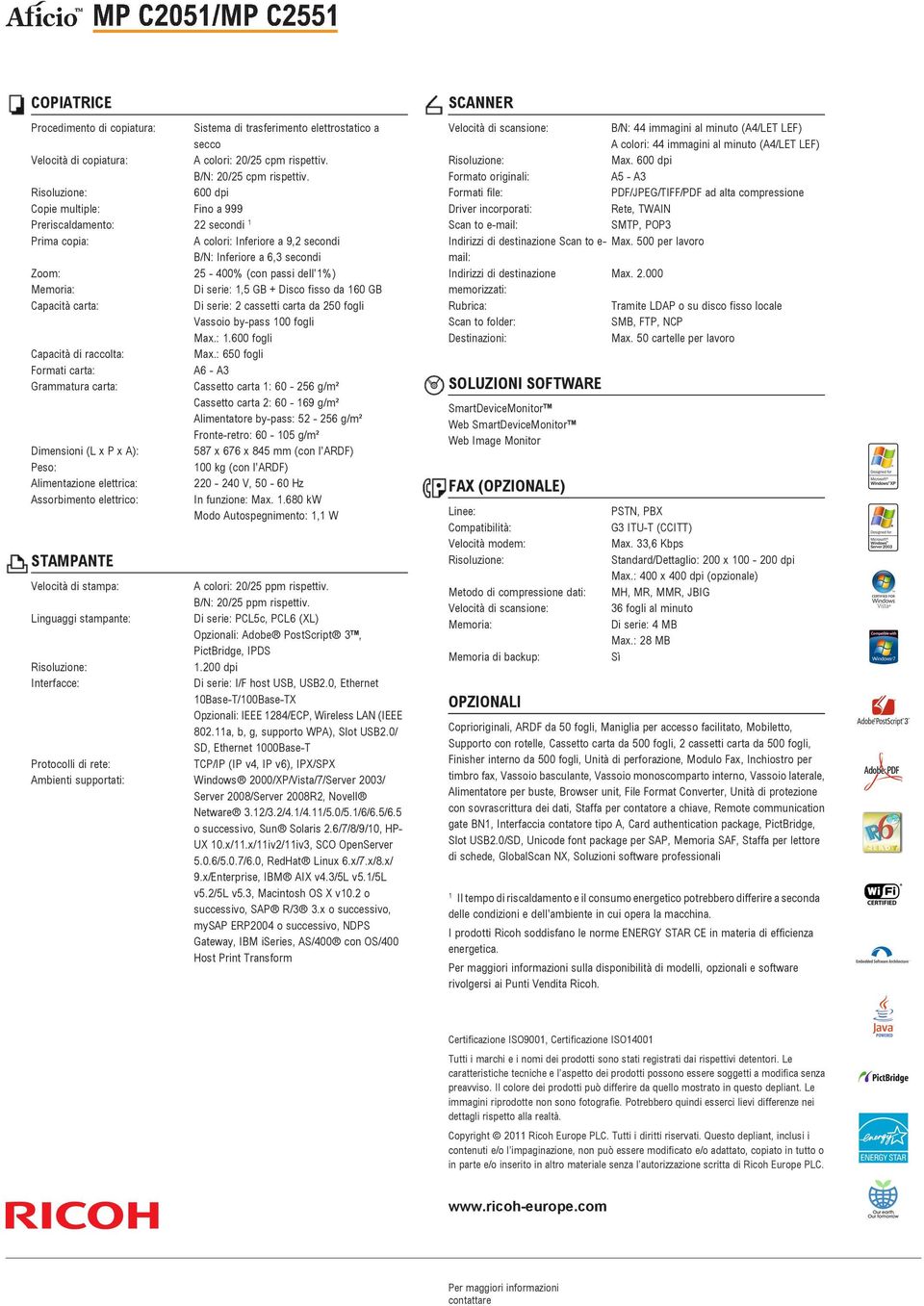 GB + Disco fisso da 160 GB Capacità carta: Di serie: 2 cassetti carta da 250 fogli Vassoio by-pass 100 fogli Max.: 1.600 fogli Capacità di raccolta: Max.