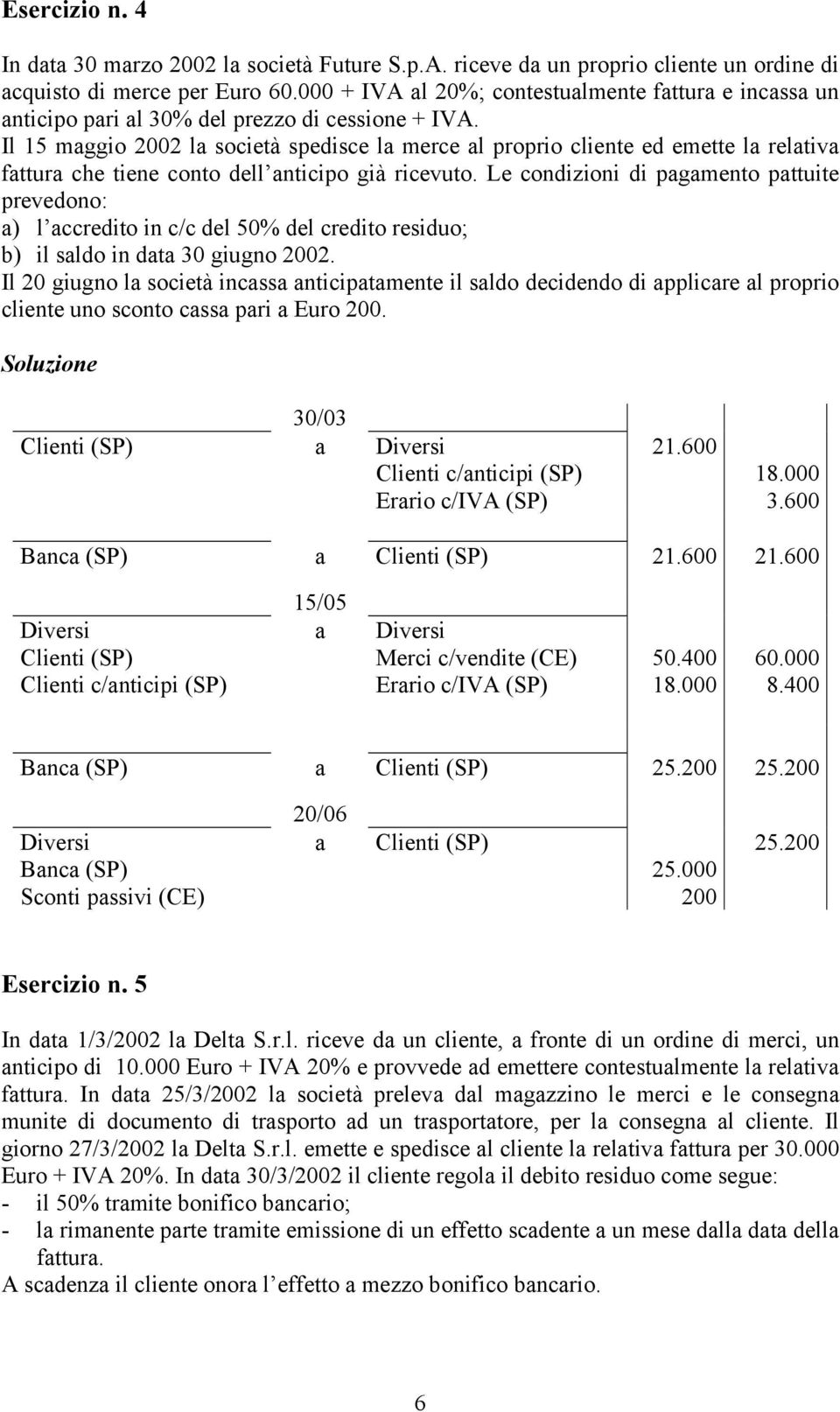 Il 15 maggio 2002 la società spedisce la merce al proprio cliente ed emette la relativa fattura che tiene conto dell anticipo già ricevuto.