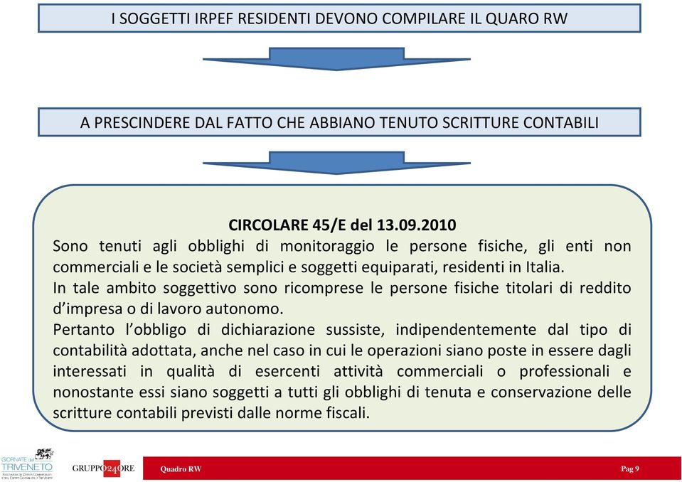 In tale ambito soggettivo sono ricomprese le persone fisiche titolari di reddito d impresa o di lavoro autonomo.